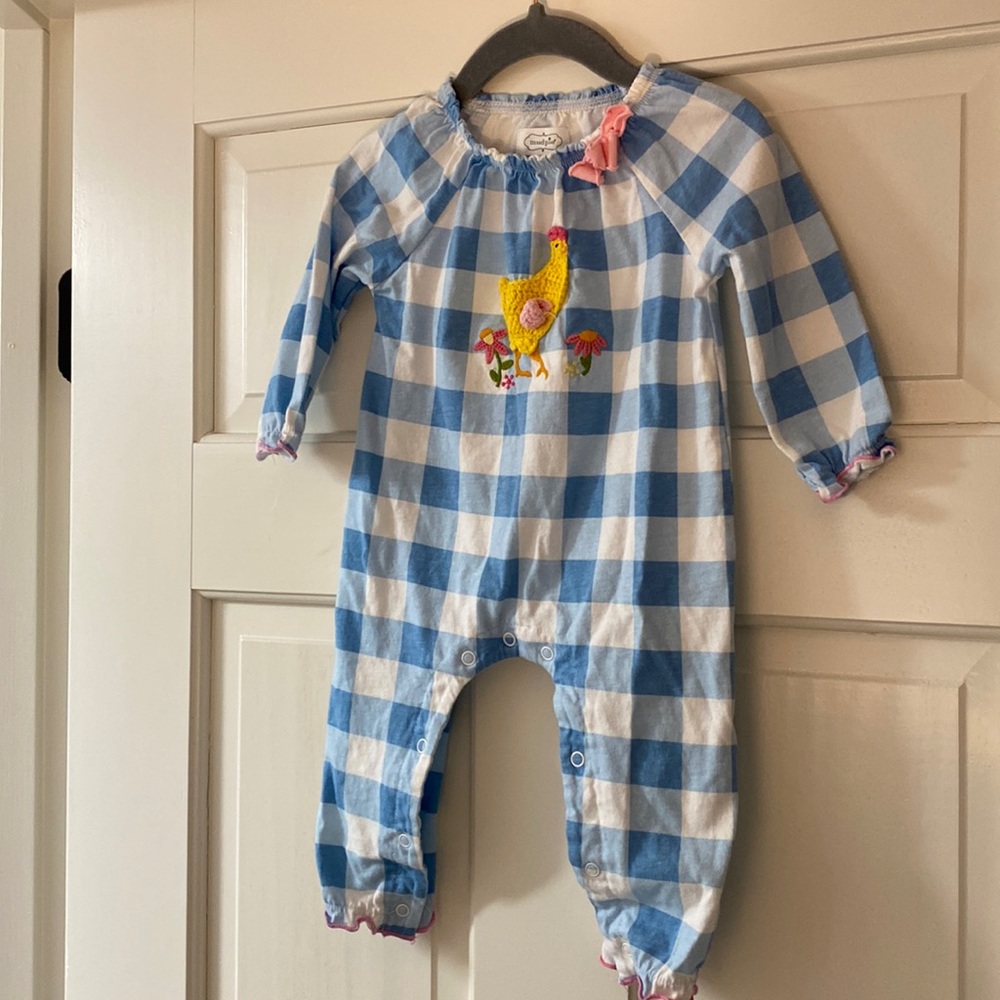 Mud Pie 6-9m Blue Plaid Chicken Romper